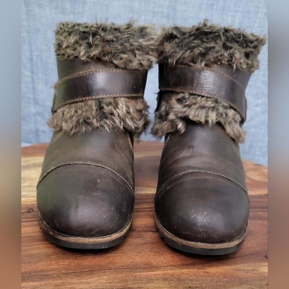 SOREL Joan Of Arctic Wedge Ankle Boots Faux Fur Trim NL1984-010 Brown Size 8.5 - Picture 5 of 12